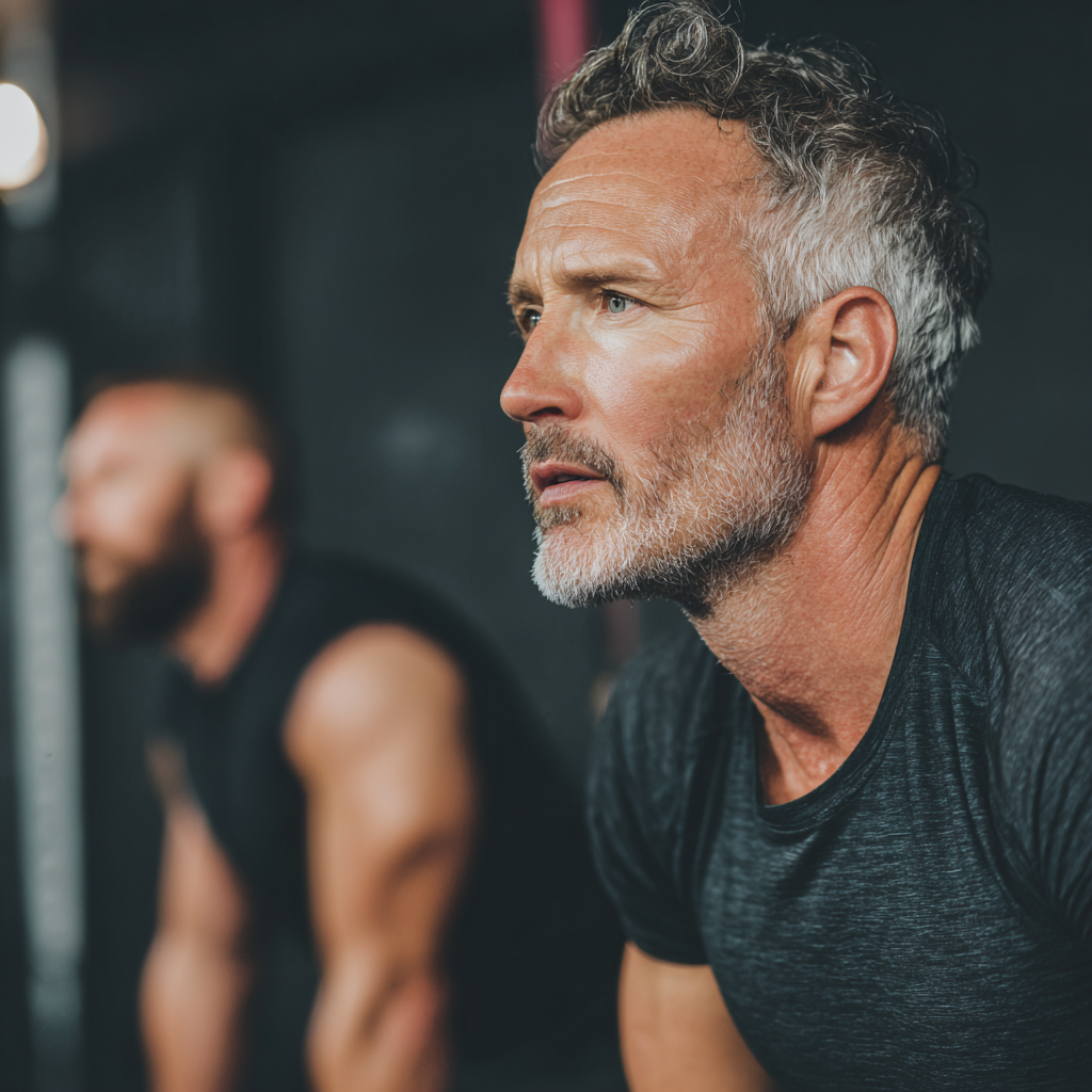 Middle-aged men engaged in focused physical training and personal development activities