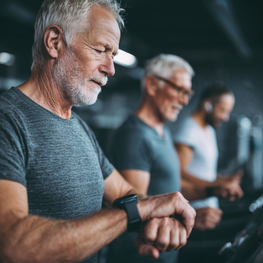 Older adult men tracking their fitness progress and personal development milestones